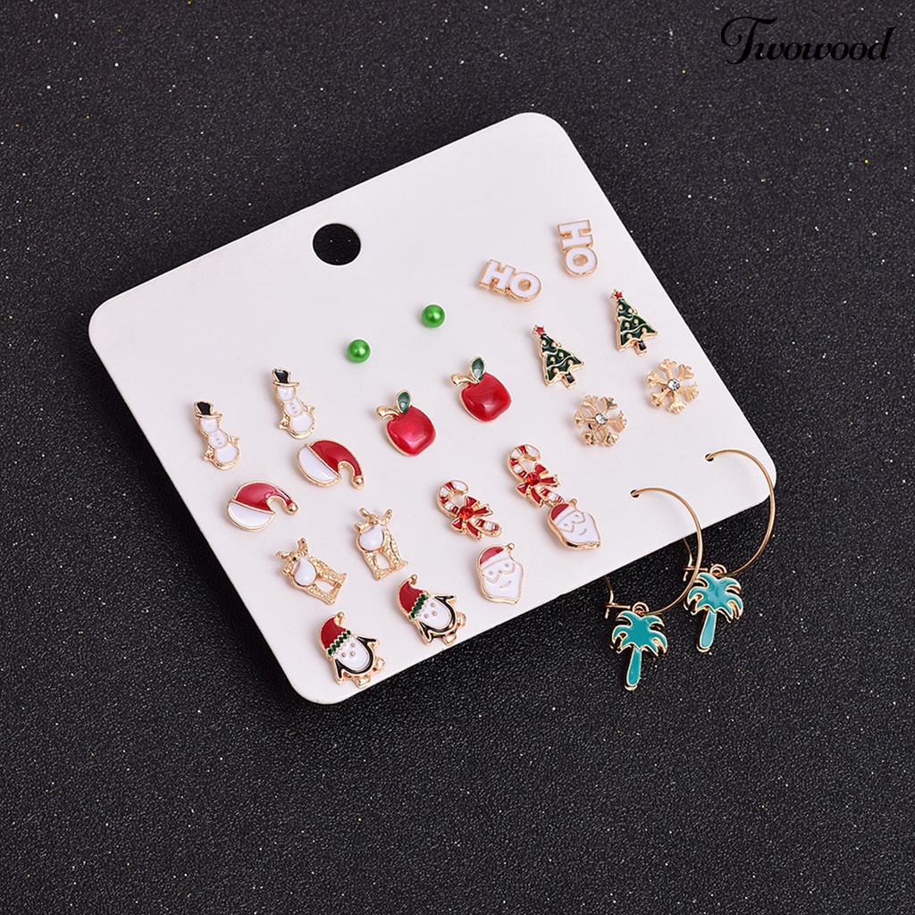 12 Pasang Anting Stud Desain Topi Santa Claus Snowflake Pohon Natal Snowman Untuk Wanita