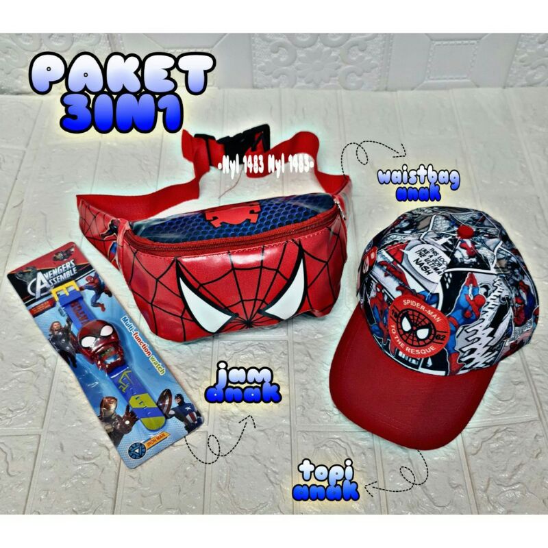 COD WAISTBAG ANAK LAKI LAKI TOPI ANAK FREE JAM ANAK PAKET HEMAT 3IN1 TAS SELEMPANG ANAK MOTIF SPIDERMAN