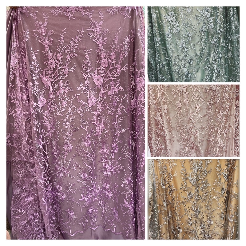 Bahan Kain Tile Motif Bunga ada Gliter dan Mutiara untuk Gaun Pengantin Tunik Lamaran Sarimbit, Keba