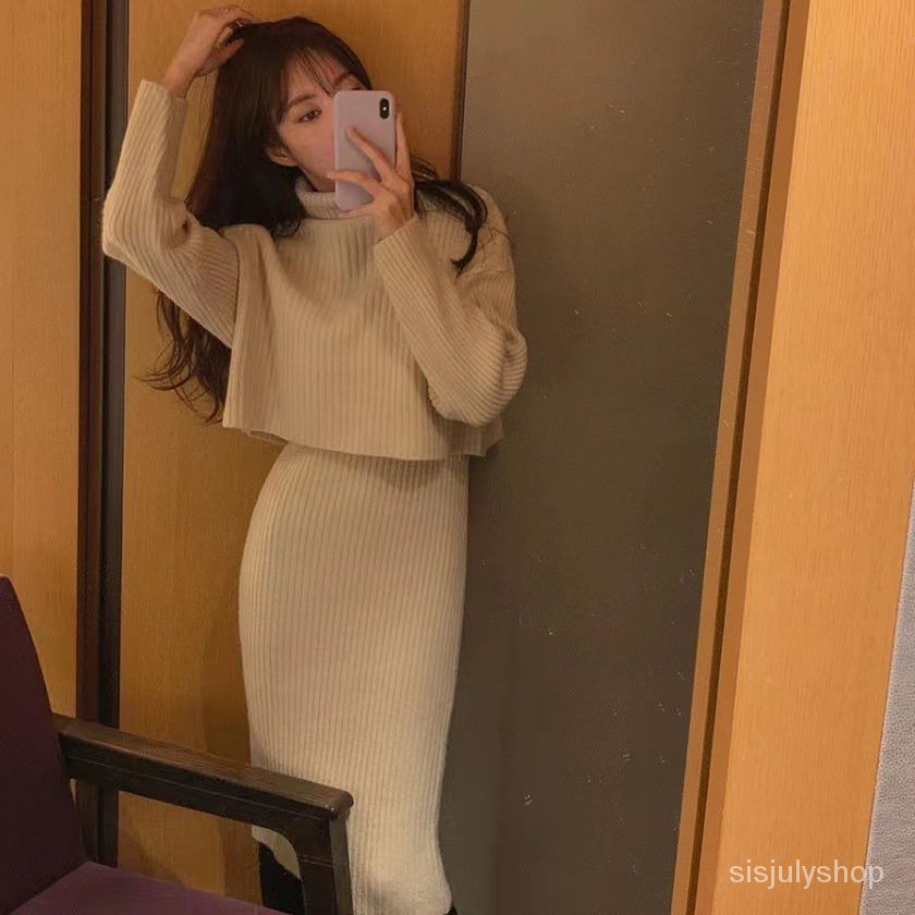 #Sisjuly# Gaun Rajutan Wanita Baru Gaun Kecil Setelan Sweater Rok Wanita Dua Potong