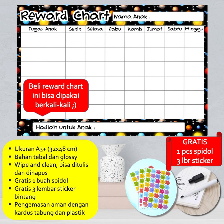 

Reward Chart Anak A3+ Bonus Spidol Wipe and Clean dan Sticker Bintang