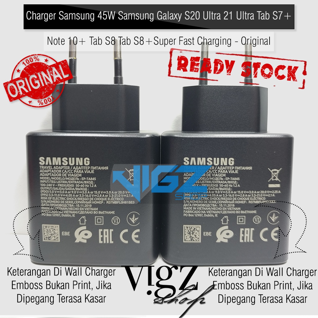 Charger Samsung 45W Samsung Galaxy S23 Ultra S23+ Tab S8 Tab S8+ Tab S9 Ultra Tab S9 Plus Tab S9 Original 100% S22 Ultra S22+ S20 Ultra Tab S7+ S10 Lite Note 10 Plus Super Fast Charging Original 100%