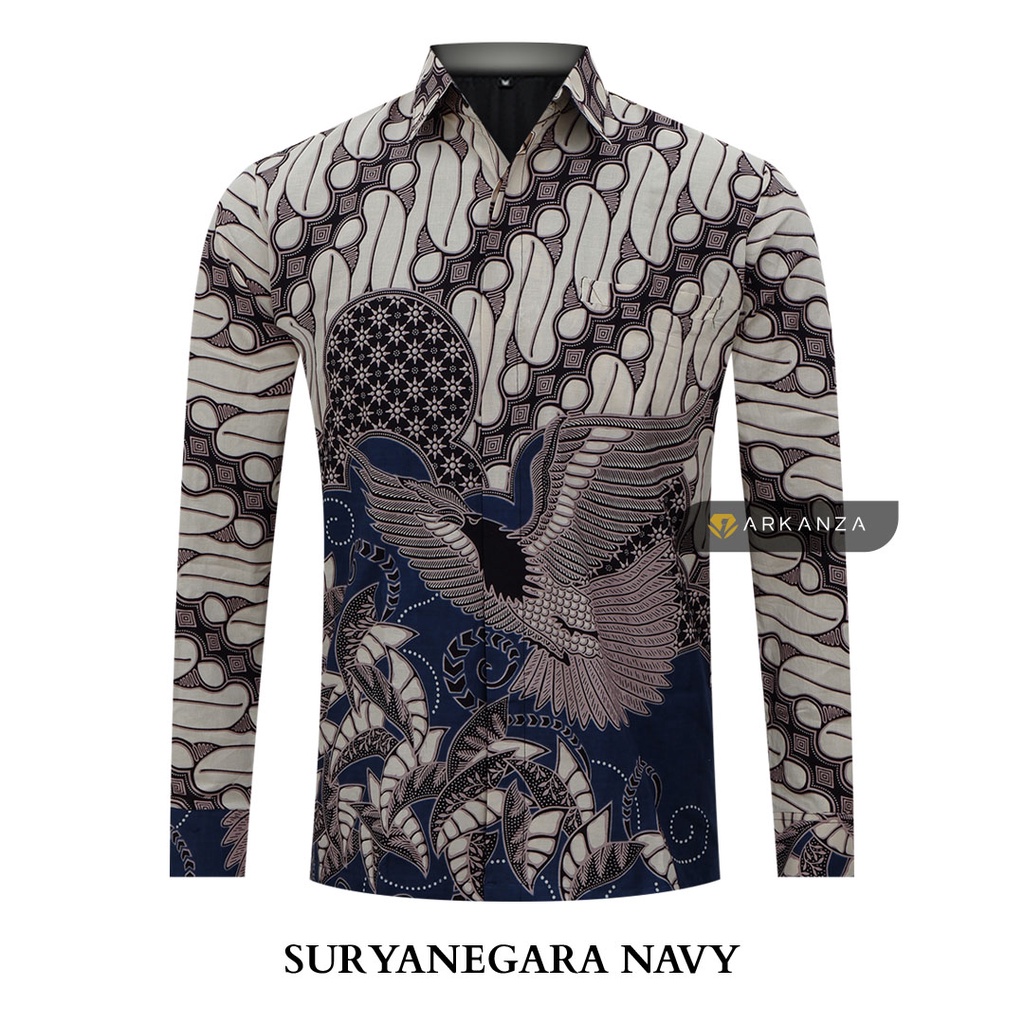 SURYANEGARA NAVY Hem Atasan Kemeja Baju Batik Pria Cowok Laki Laki Slimfit Full Lapis Furing Lengan Panjang Lengan Pendek Original Asli Batik Arkanza