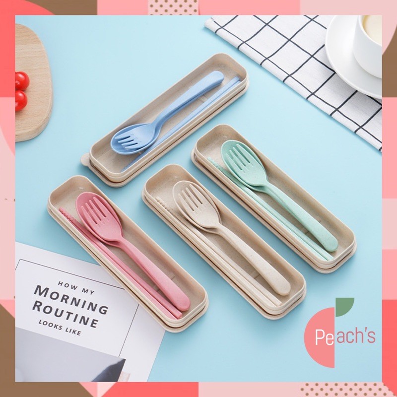 PEACH Sendok Garpu Sumpit Polos + Box Set Travel Paket Sendok Travel Set H515