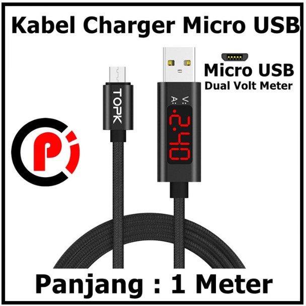 TOPK Kabel Charger Micro USB Braided 3A 1Meter with Voltage Arus Meter