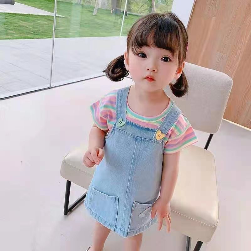 KF CAT Dress Jeans Overall Anak Perempuan Motif Stripe Rainbow Import Pakaian Anak Cewek 9bulan - 3tahun-2