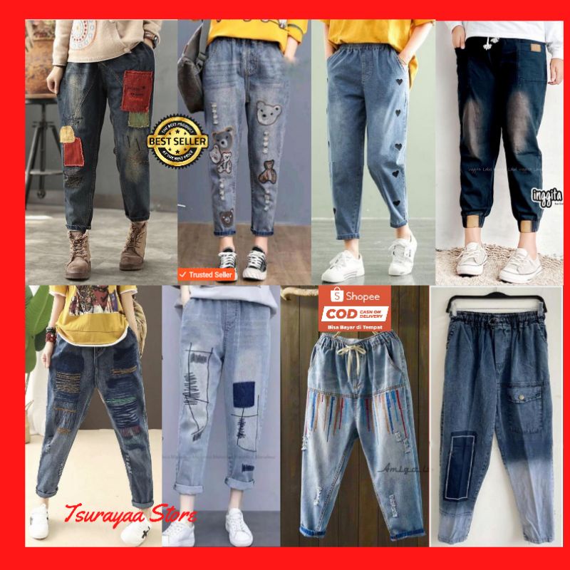 BAGGY JOGGER PANT KOREAN STYLE CELANA JEANS WANITA ALL SIZE L Up to XL PINGGANG KARET (SLIDE RIGHT UNTUK VARIAN LAINNYA)