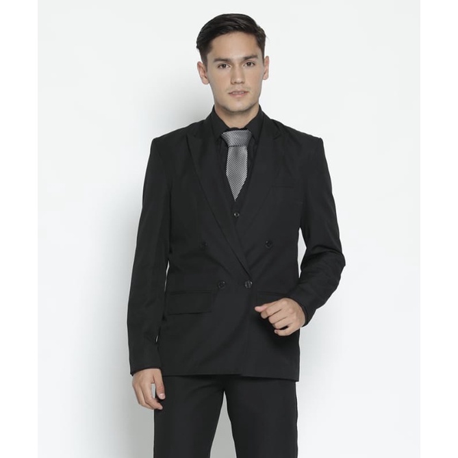 Code Male Jas Pria Kancing 4 Hitam Double Bris Premium Wooltouch Bodyfit