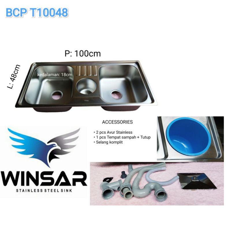 kitchen sink/bak cuci piring stainless 2 Lubang 100x48cm (Winsar T10048)Free Afur/saringan bak cuci 