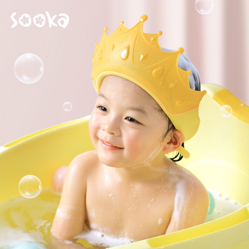 Sooka Topi Mandi Crown Tahan Air Kids Cartoon Crown Modeling Shampoo Cap / Children Ear Protection Eye Protection Adjustable Elasticity Soft Thicken Shower Cap SK-EAB1069