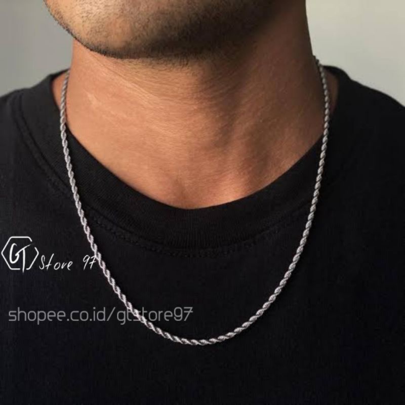 Kalung Titanium Pria Silver Anti Karat Kalung Titanium Rantai Rante Cowok Cewek Perak Kalung Rante Titanium Kalung Rantai Tambang Stainless Steel Cowo Cewe