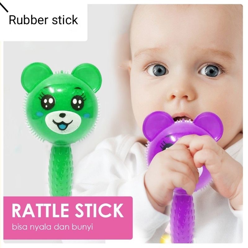 Mainan Rattle Bayi Puffer Ball Lampu Menyala Berbunyi Lucu Mainan Sensorik Bayi Teether Gigitan Bayi Rubber Stick Toy Baby