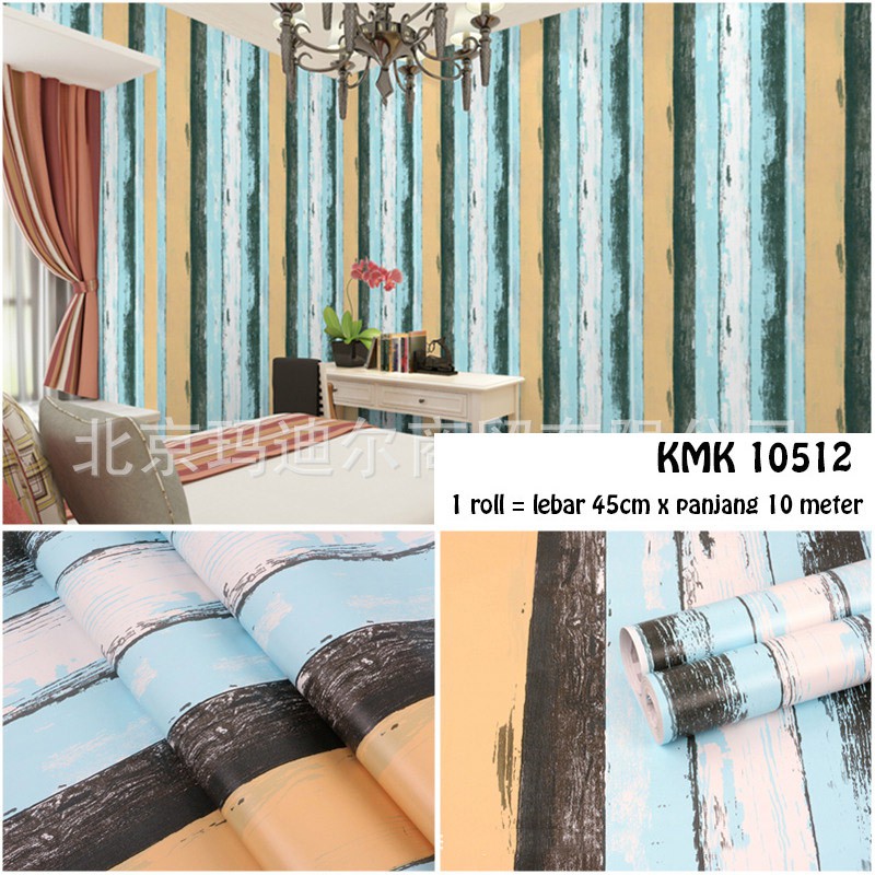 WALLPAPER STIKER 10METER X 45CM WALPAPER KMK 10512 STIKER DINDING MOTIF KAYU VINTAGE BIRU