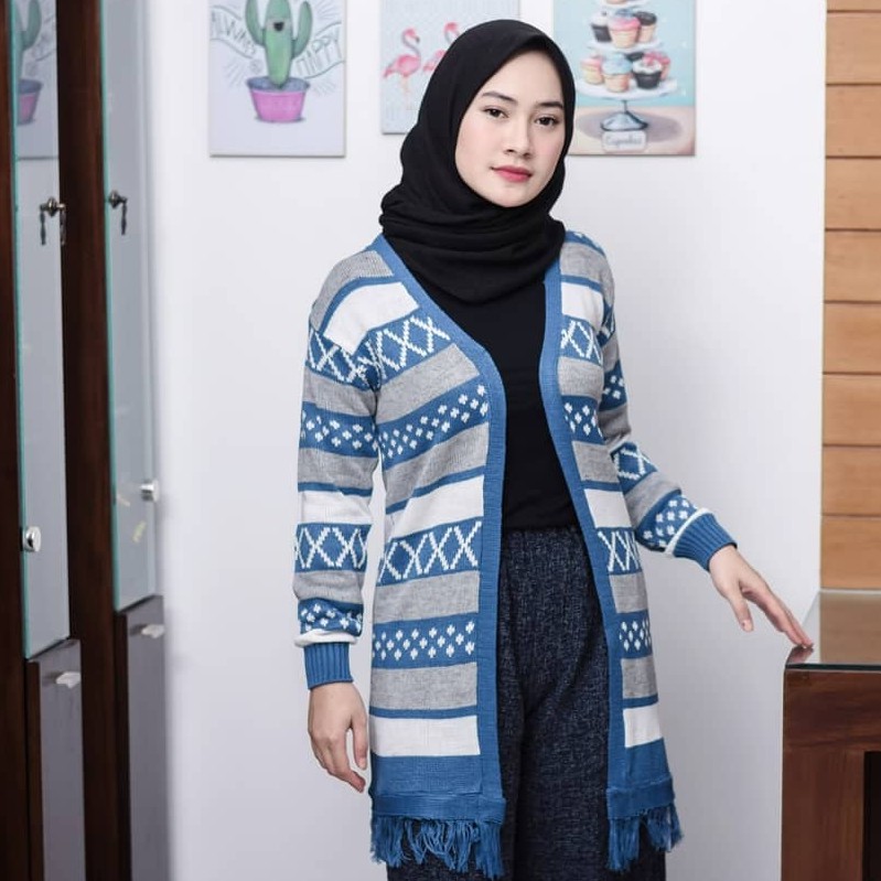 Long Hinata Cardigan Atasan Rajut Wanita Kardigan Rajut Motif Etnik Rumbai Gardigan Rajut Wanita-Biru Denim