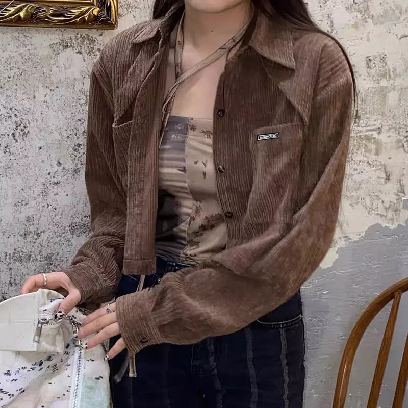 Corduroy Crop Jacket Pocket Harajuku Longsleeve Brown Outer Collar Mantel Jaket