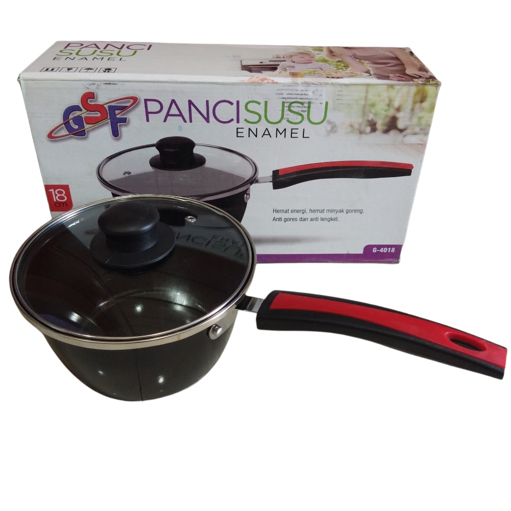 PANCI SUSU ENAMEL TUTUP KACA 18CM / SAUCE PAN ENAMEL GSF G-4018 / GSF G 4018