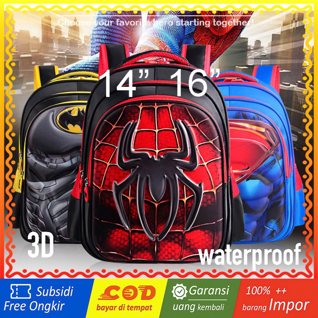 WWH01 Tas Anak Sekolah SD Ransel 3D Size 14&quot; - 16&quot; Besar Avengers Spiderman Batman Captain Impor TKM