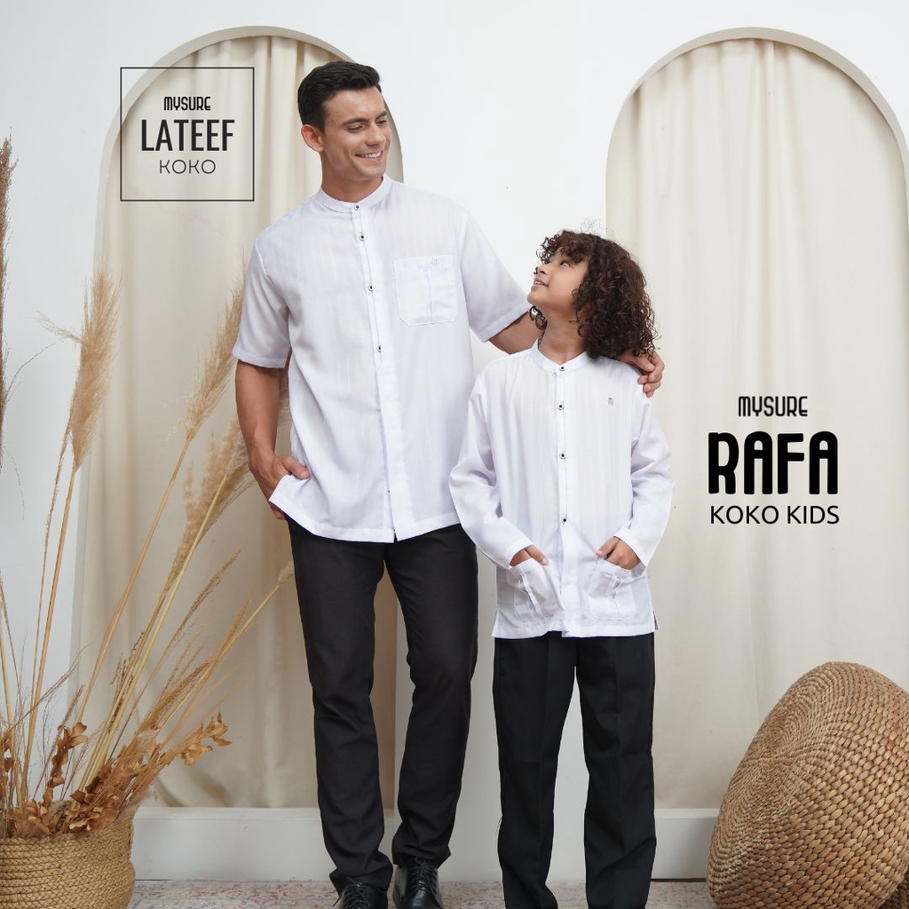 Couple Rafa Lateef Koko Mysure White Putih Atasan Anak Kids Dewasa Lengan Panjang Pendek