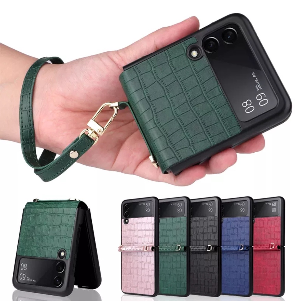 PU Leather Lanyard Strap Crocodile Skin Samsung Z flip 3 Case Cover Casing