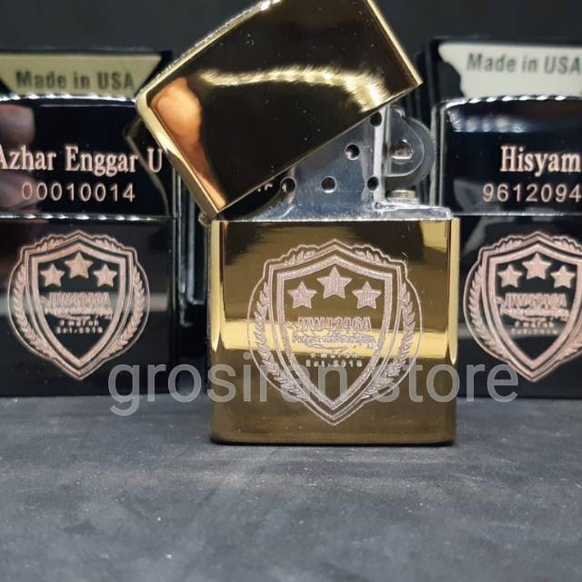 Zippo jiwaraga gold custom logo tulisan nama ukir grafir