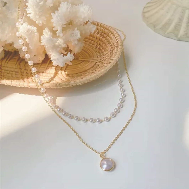 Gaya Korea Fashion Multilayer Alloy Mala Kalung Manik-manik dengan Mutiara Buatan untuk Wanita