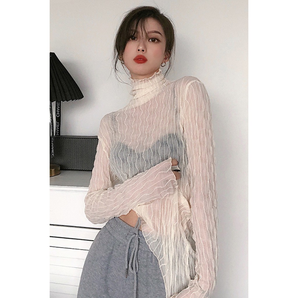 Renda Kemeja Baru Retro Turtleneck Mesh Bottoming Kemeja Slim Fit Inner Wear Tipis Panjang Lengan