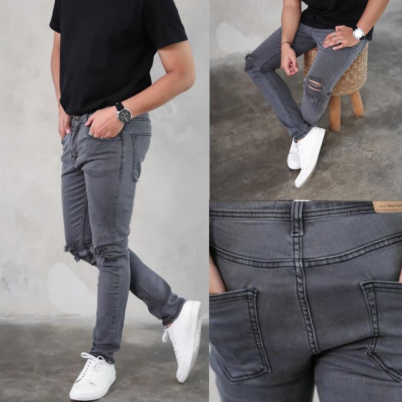 Celana Jeans sobek lutut Pria ripped jeans softjeans streetch karet melar hitam murah skinny fit