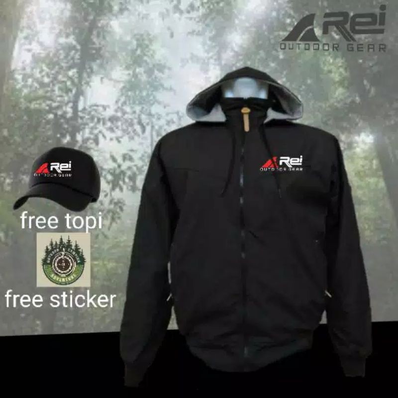 jaket parasut REI outdoor waterproof anti air hitam. 1 set bonus topi dan stiker