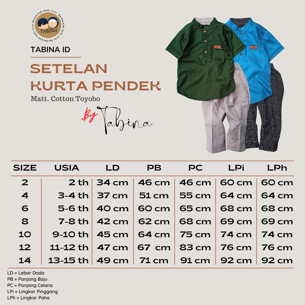 Setelan Koko Kurta Anak sampai Remaja Laki Laki Tabina Seri Omar usia 2 tahun hingga 15 tahun