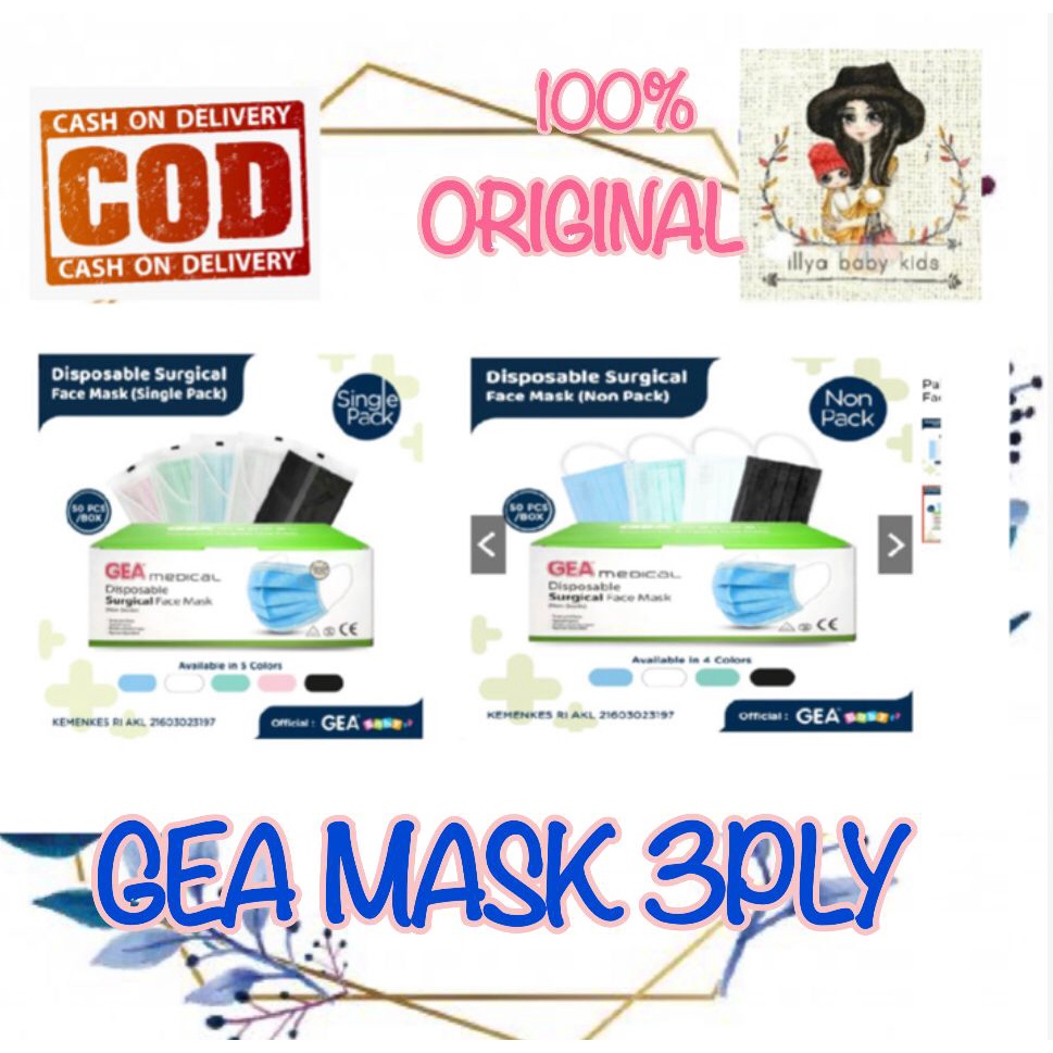 GEA MEDICAL SURGICAL MASK 3PLY SINGLE PACK OR NON PACK MAKER WAJAH -DUS