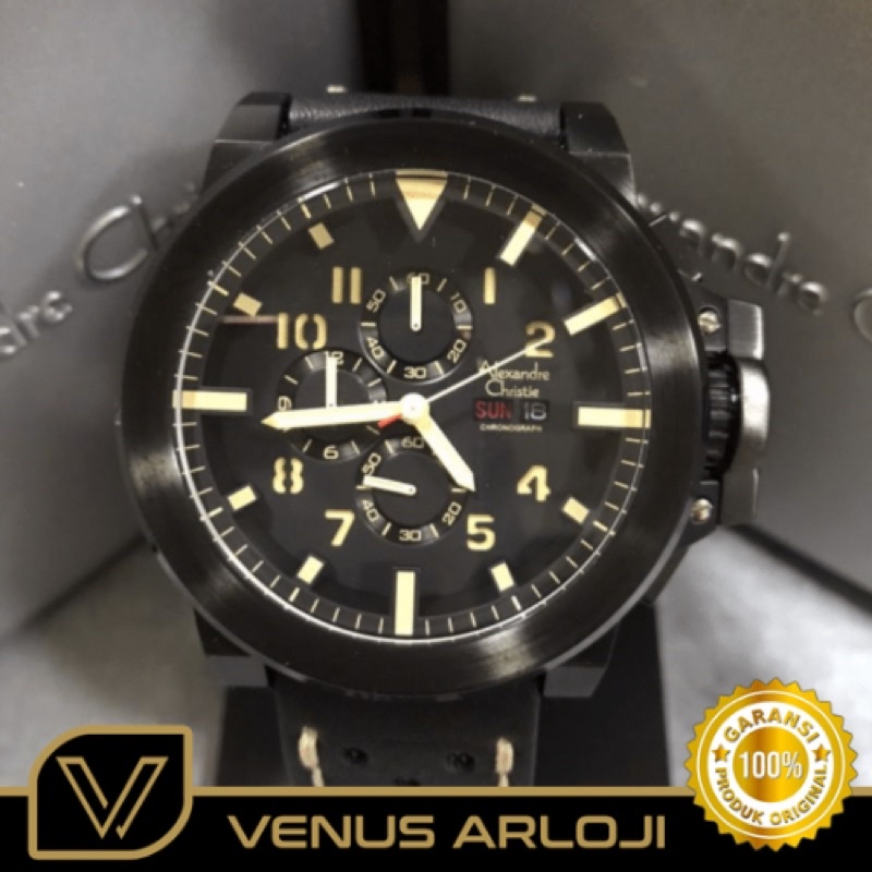 Jam Alexandre Christie AC 6364 MC LIP Pria Kulit Hitam Bulat