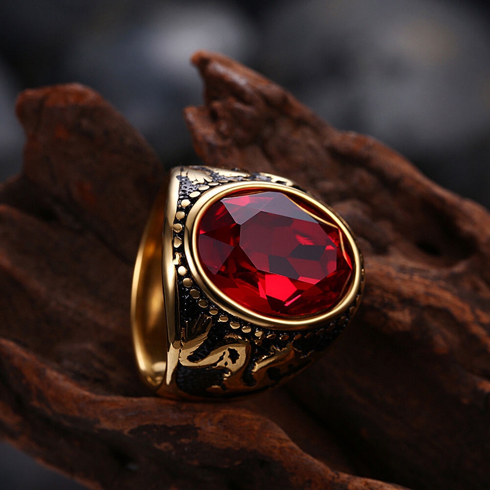 Cincin Emas 18K Desain Naga Glamor Aksen Batu Permata Merah Gaya Punk Untuk Pria