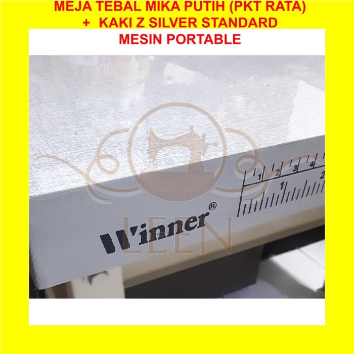 Meja TEBAL MIKA PUTIH &amp; Kaki Z Silver SET Mesin Jahit Portable LEEN