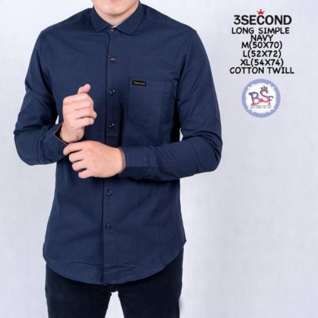 3SECOND KEMEJA HEM PRIA LAKI LAKI COWOK DEWASA LENGAN PANJANG M L XL LD 100 104 106 PUTIH HITAM NAVY