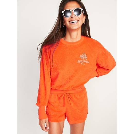 Oldnavy loose cropped long-sleeve Performance slub-knit Terry Sweatshirt For Women  // sisa ekspor-Orange Stay Palm