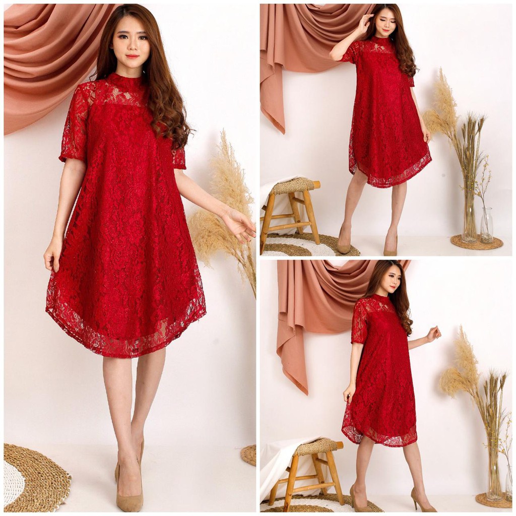 (PASTI REALPIC) DRESS RIHANA BRUKAT CORNELI TULANG TIMBUL GLITTER DRES BROKAT NATAL PESTA