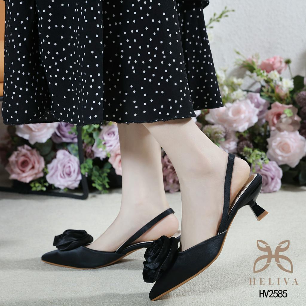 ARIANA HELIVA Sepatu Sling Back Hak Sedang 4,5cm Motif Bunga Mawar Flower Rose Bahan Kulit Satin Halus Sepatu Pesta Ujung Lancip Wedding Nikah Kondangan HV2585 Original Brand