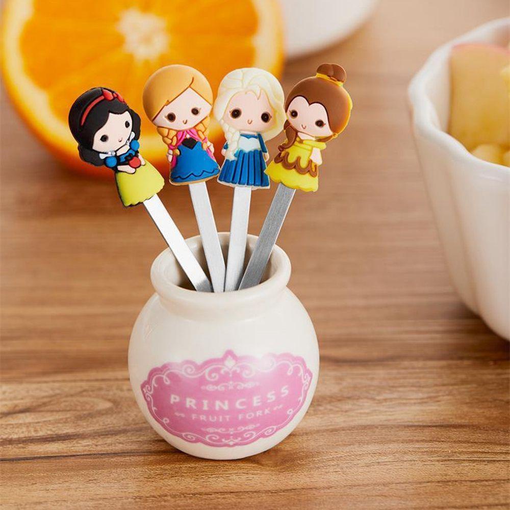 SOLIGHTER Ceramic Fruit Forks Mini Party Decoration Tasting Fork With Holder Cute Princess Stainless Steel Food Pick Dessert Flatware