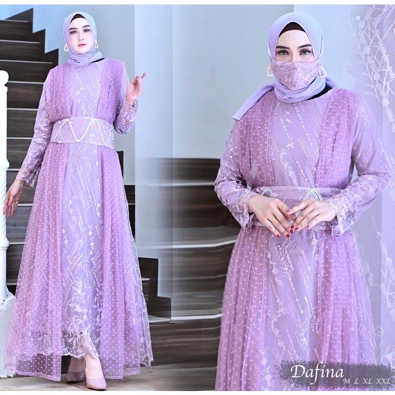 Gamis lavender lilac brukat cantik bahan tebal