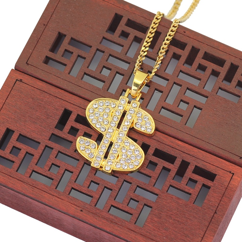 Kalung Liontin Desain Tanda Dollar Warna Emas Aksen Berlian Gaya Hip Hop Untuk Pria