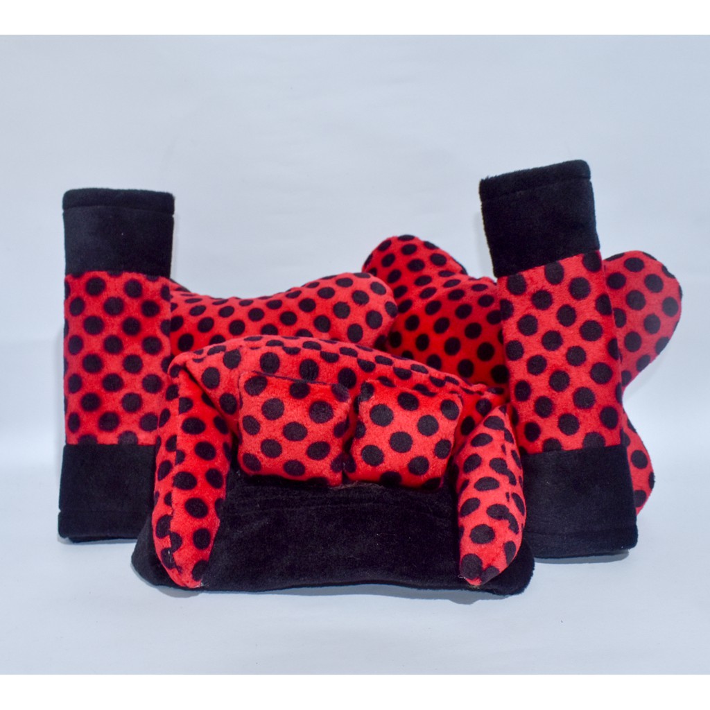 Bantal Mobil 3in1 MERAH POLKADOT HITAM EXCLUSIVE Carset Sandaran Kepala Leher Headrest Titik Hitam