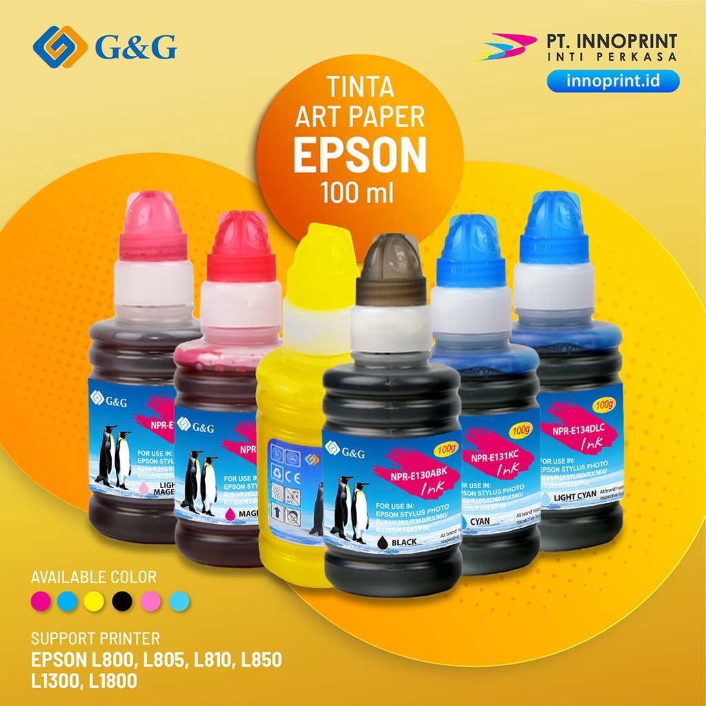 1 SET 6 WARNA Tinta Art Paper G&amp;G Original Compatible Untuk Head Print Epson - Hitam, 100 ml