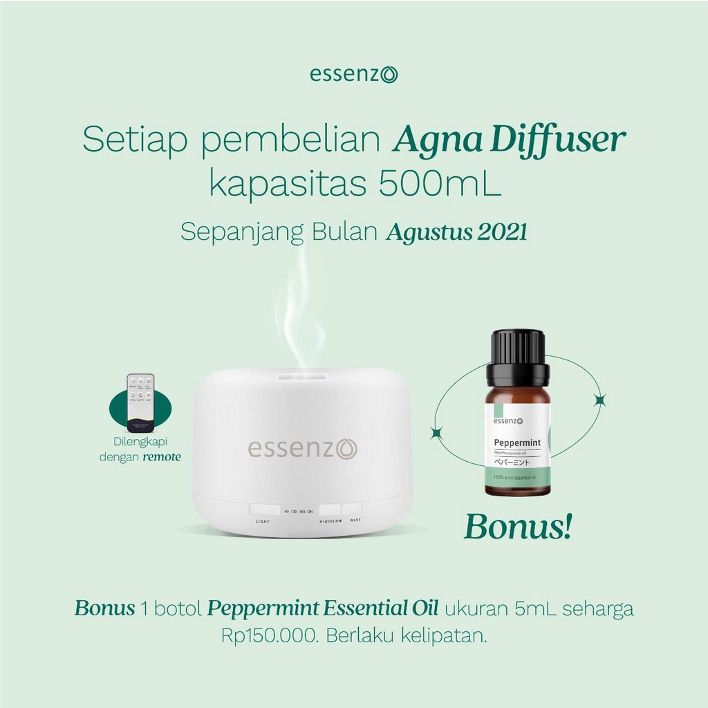 PROMO HUMIDIFIER AIR 500ML AGNA DIFFUSER plus REMOTE Gratis Essenzo Peppermint EO 5mL