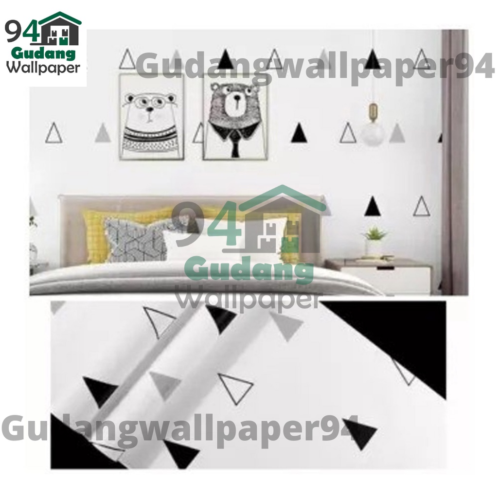 (COD) Gudang Wallpaper Dinding Motif Segitiga Hitam Putih Bahan PVC Premium Anti Air Bahan Berkualitas (SUDAH ADA LEM)