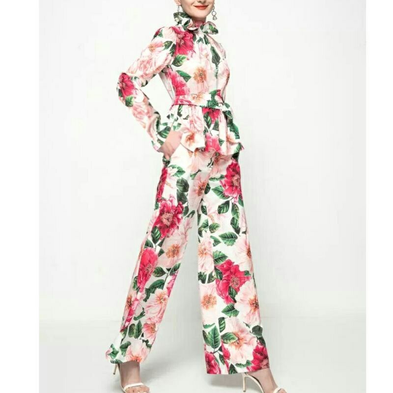 9729 LAURER 2pcs Setelan baju set Kulot motif bunga wanita import setelan baju lengan panjang set ce