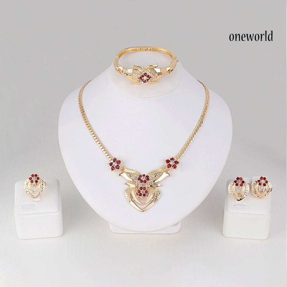 OW@ Rhinestone Heart Flower Necklace Stud Earrings Ring Bracelet Women Jewelry Set