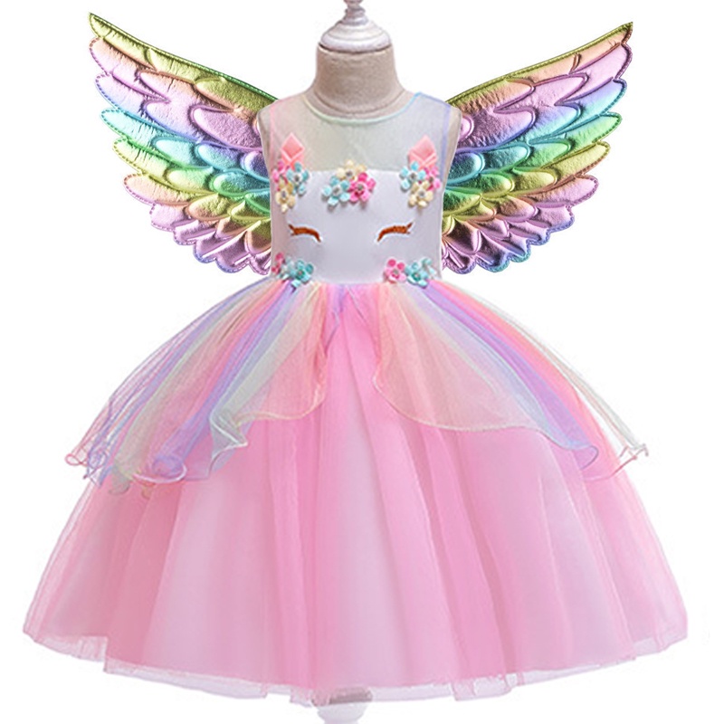 KOMUNI PERTAMA Gaun Unicorn Anak Perempuan Flower girl Unicorn rainbow wedding party dress