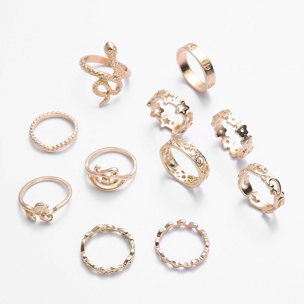 Top 11Pcs /Set Cincin Berbentuk Ular Paduan Baru Emas Ukir Bunga Wanita Gadis Perhiasan