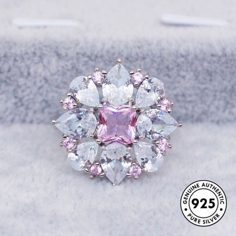 Cincin Silver S925 Bentuk Bunga Hias Kristal Berlian Kotak Warna Pink Untuk Wanita