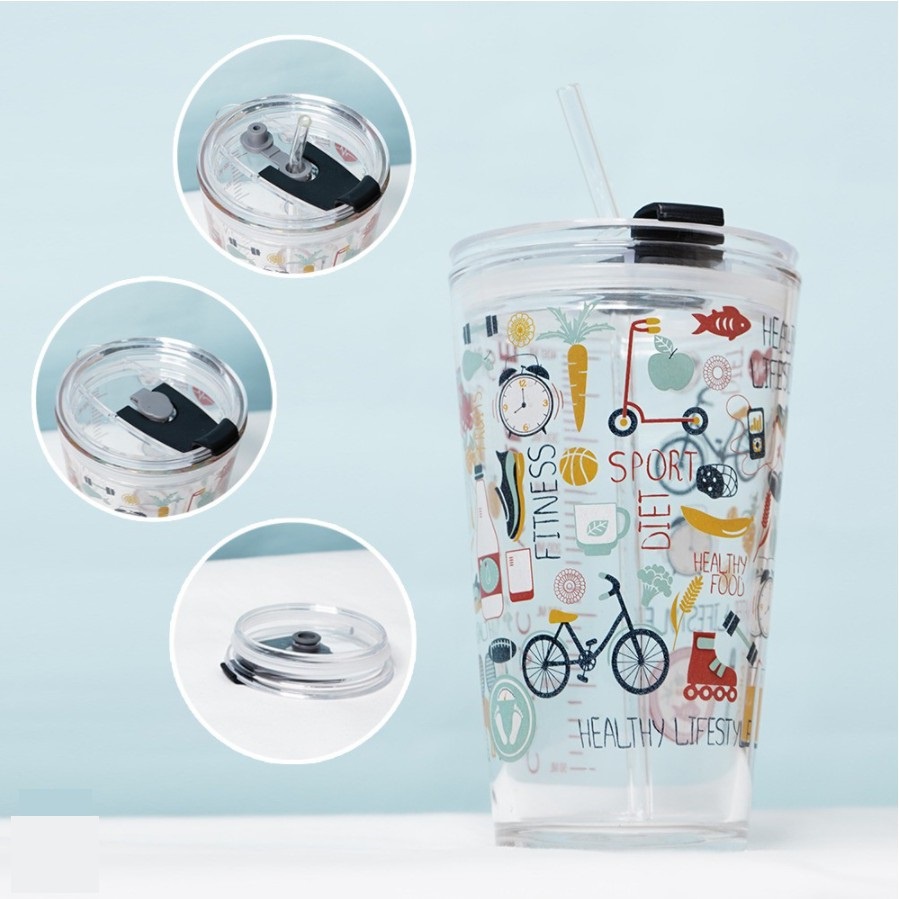 Tumbler Gelas Kaca Motif Animal + Sedotan kaca Ware Cup 450ml / Gelas Beling H482